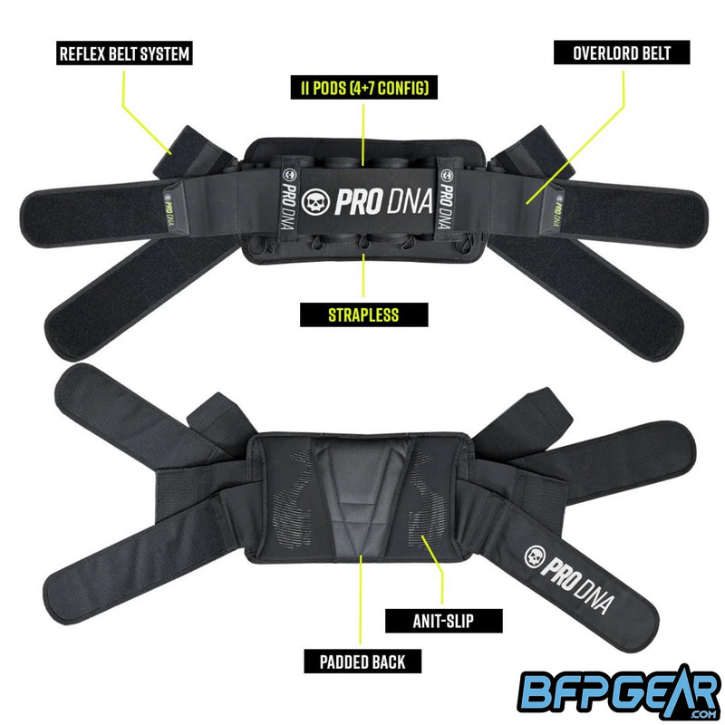 This photo goes over the features of the Overlord harness. Key features include 4+7 pod capacity, anti-slip material, padded back for lumbar support, reflex belt system, and the added Overlord belt.