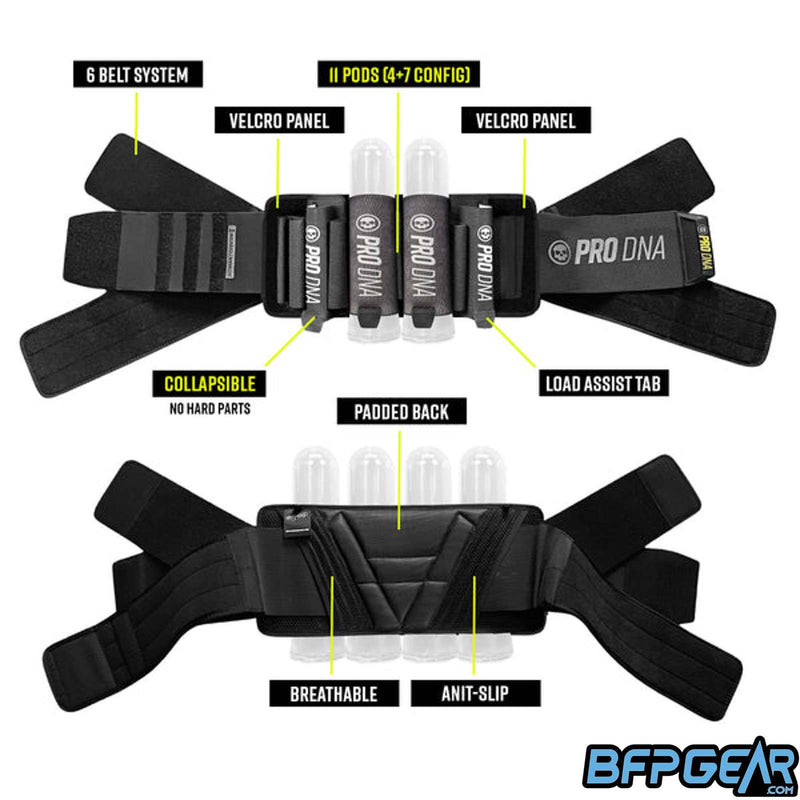 A picture showing all of the features of the Reflex Sport harness. 4+7 pod capacity, breathable material, anti-slip padding, and a 6 belt velcro system keeps this pod pack on you at all times with zero bounce.