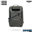 FNDN Storm VLT modular backpack, black weatherproof shell with MOLLE webbing, Fidlock buckles, and 25L capacity for tech, travel, or field use. The color is Sage Grey.