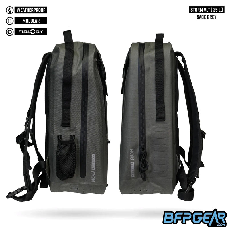 The side profile of the Infamous Storm VLT backpack. The left side has a drink holder, and shows off the weatherproof zippers. The right side has a small MOLLE panel so you can attach more pouches or gear to the Storm VLT.