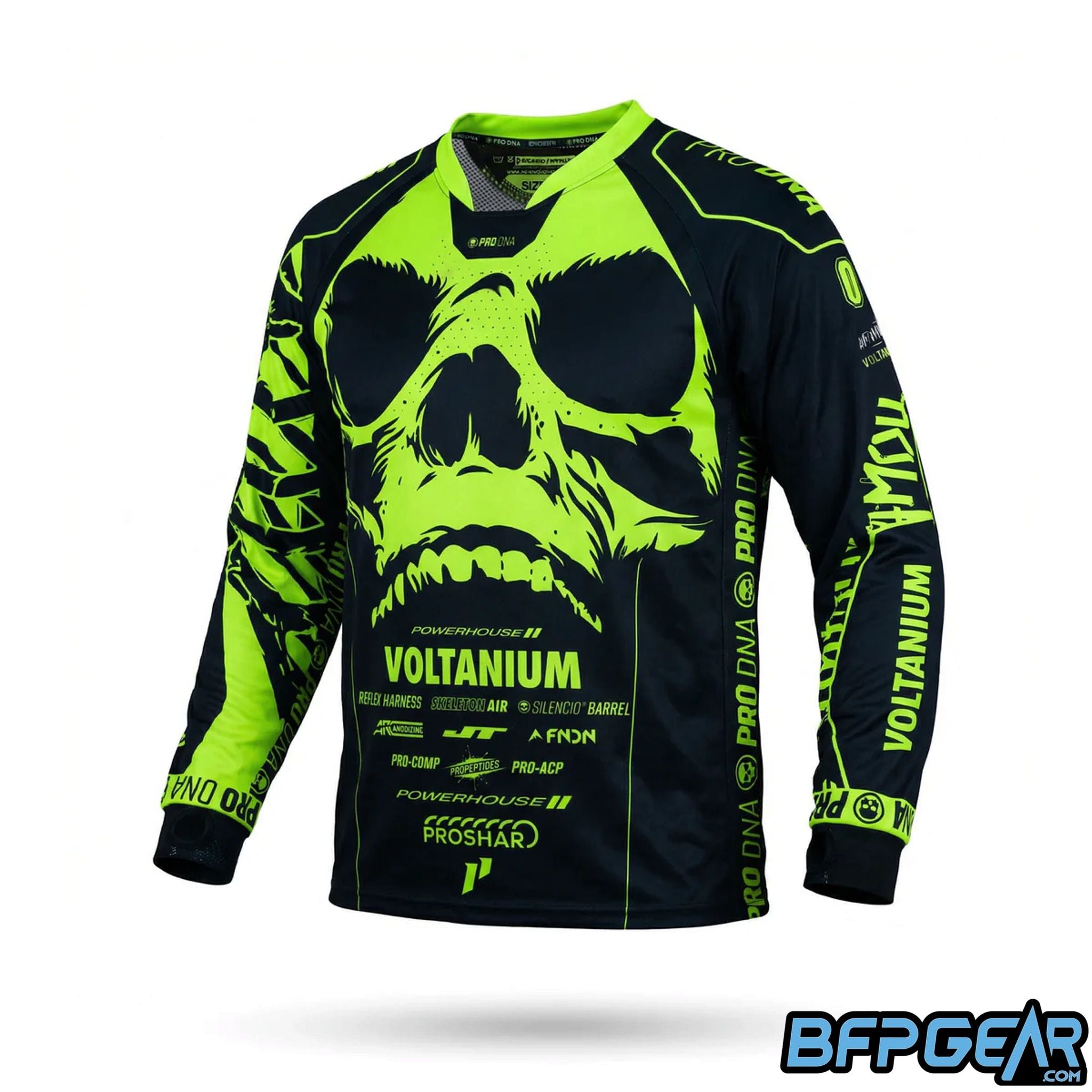 Infamous Skull UV Series paintball jersey with UV reactive graphics and breathable performance mesh for low-light play in the Neon Volt color.