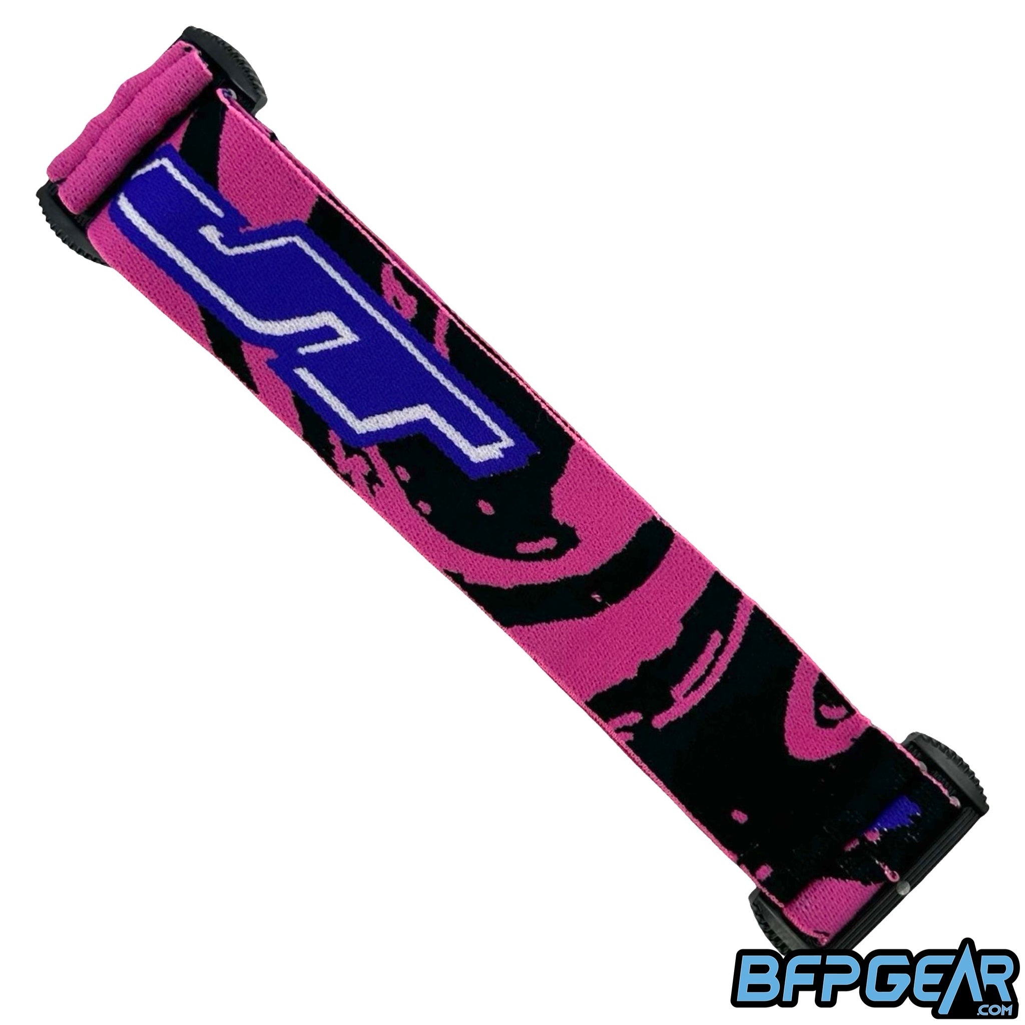The JT ProFlex goggle strap in the black and pink swirl color way.