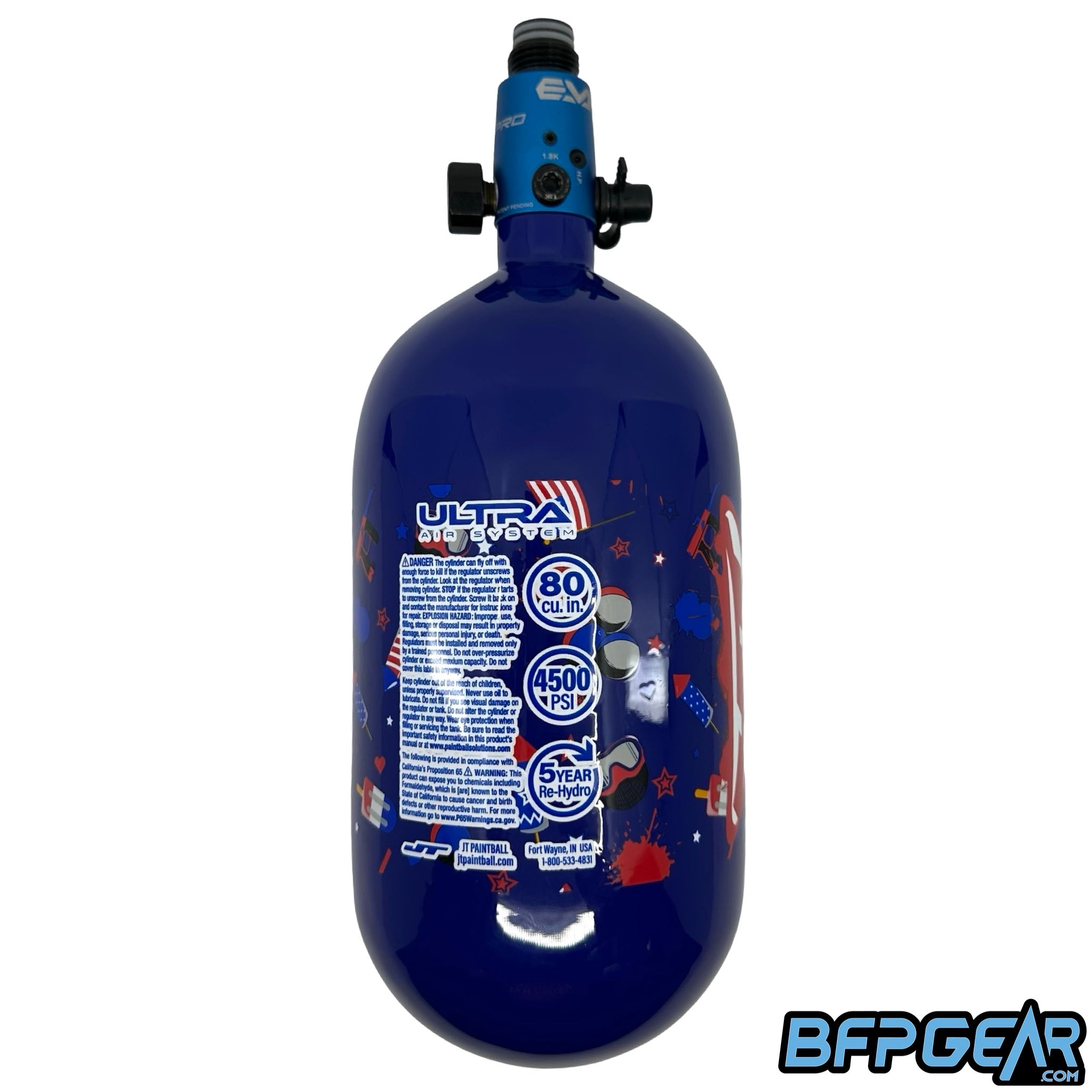 The JT Ultra Light 80ci bottle with FLO PRO Regulator in blue. This limited edition bottle has a 4th of July pattern on it in America's signature colors, red, white, and blue.