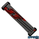 The JT ProFlex goggle strap in the gray and red color way.