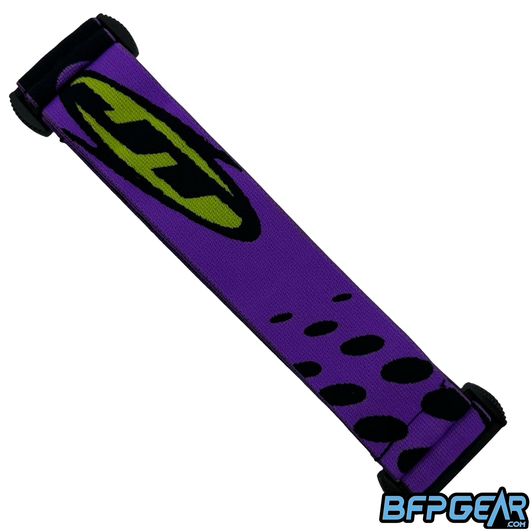 The JT ProFlex goggle strap in the purple and lime color way.