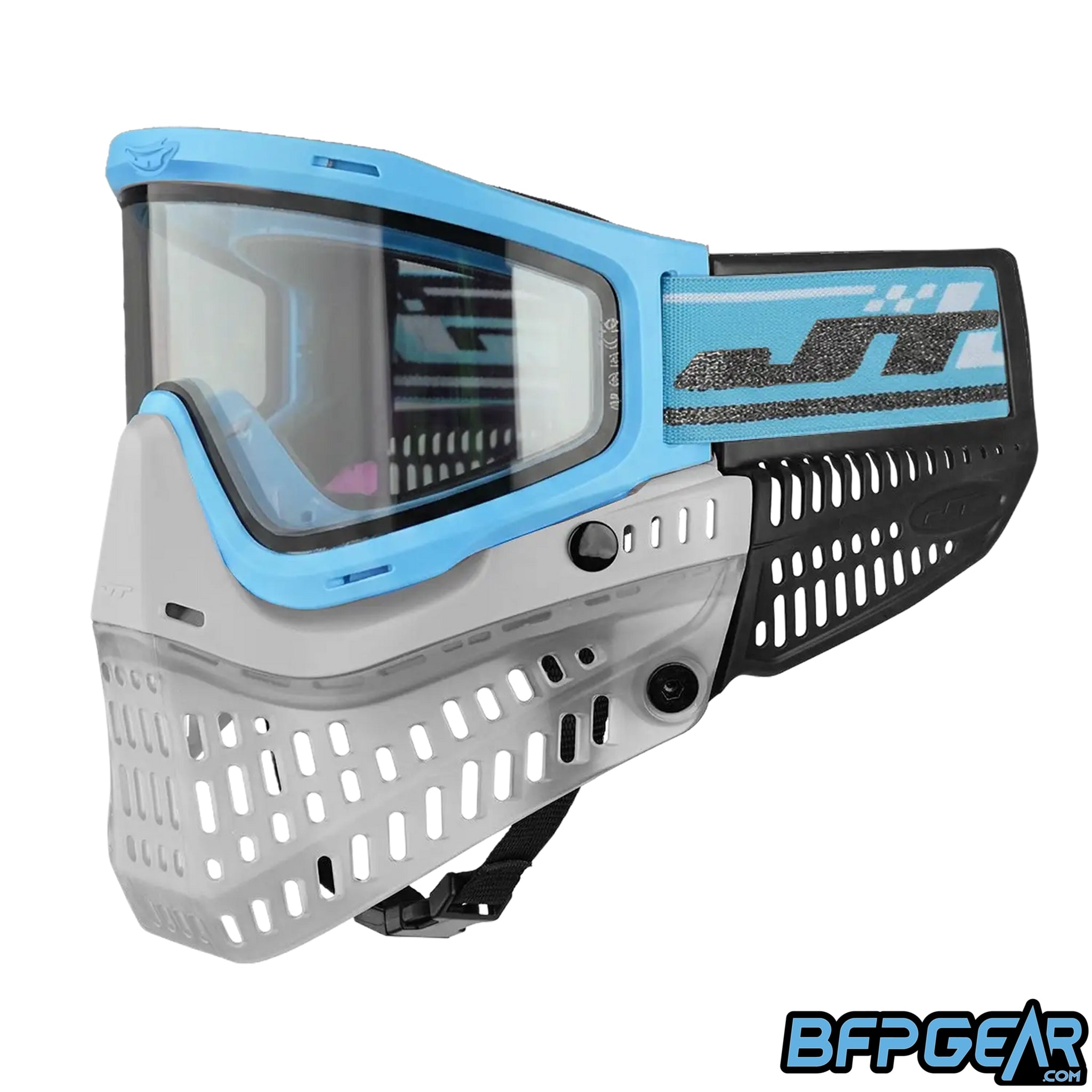 The JT Paintball QLS Frame in Carolina blue, fully built.