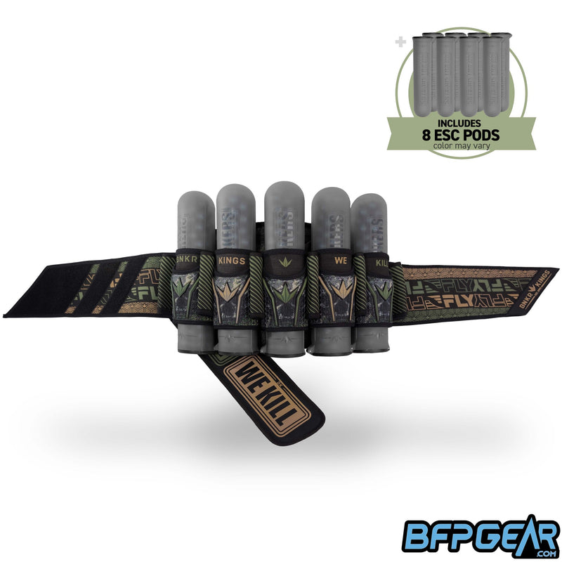 The BunkerKings Fly 2 Harness in the Jungle Skull color way. Olive and tan with camo skulls on the main pod sleeves. This version holds up to 13 pods.