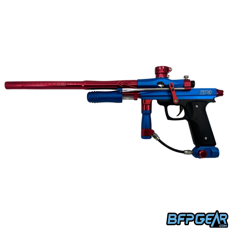 The KPC+ Pump paintball gun in blue and red.
