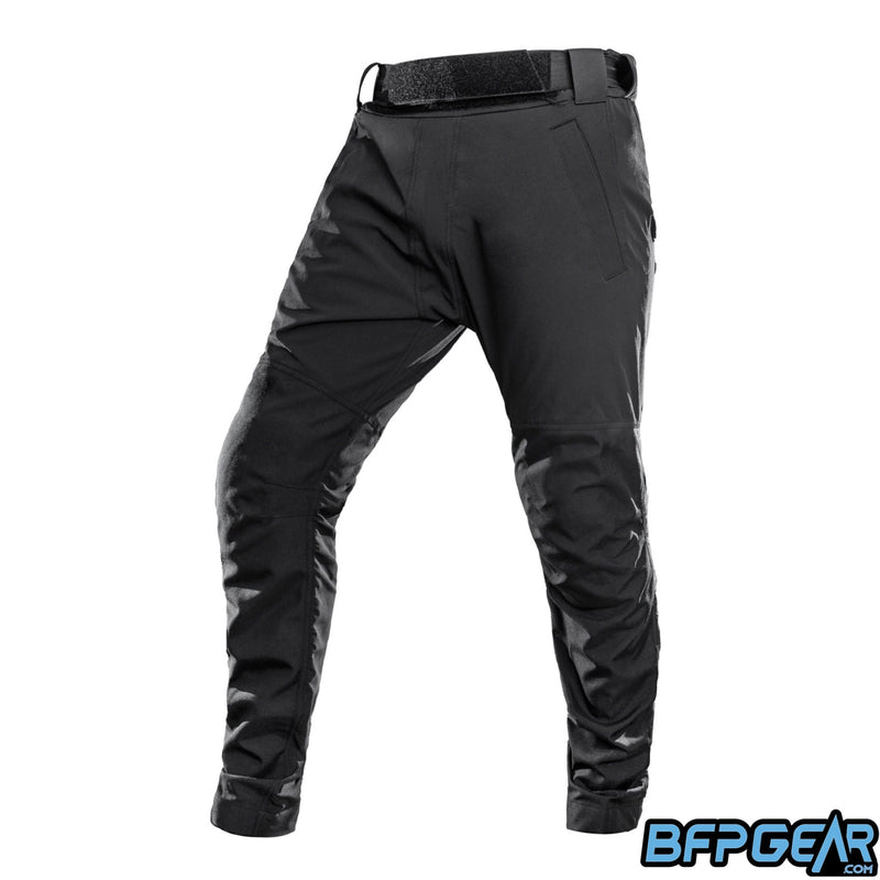 The Kinetic Paintball KP-S Slim Paintball pant. Comes in all black and has two elastic bands that velcro onto the waist.
