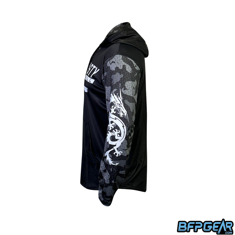 The left side of the black marble drift hoodie with the hood down.