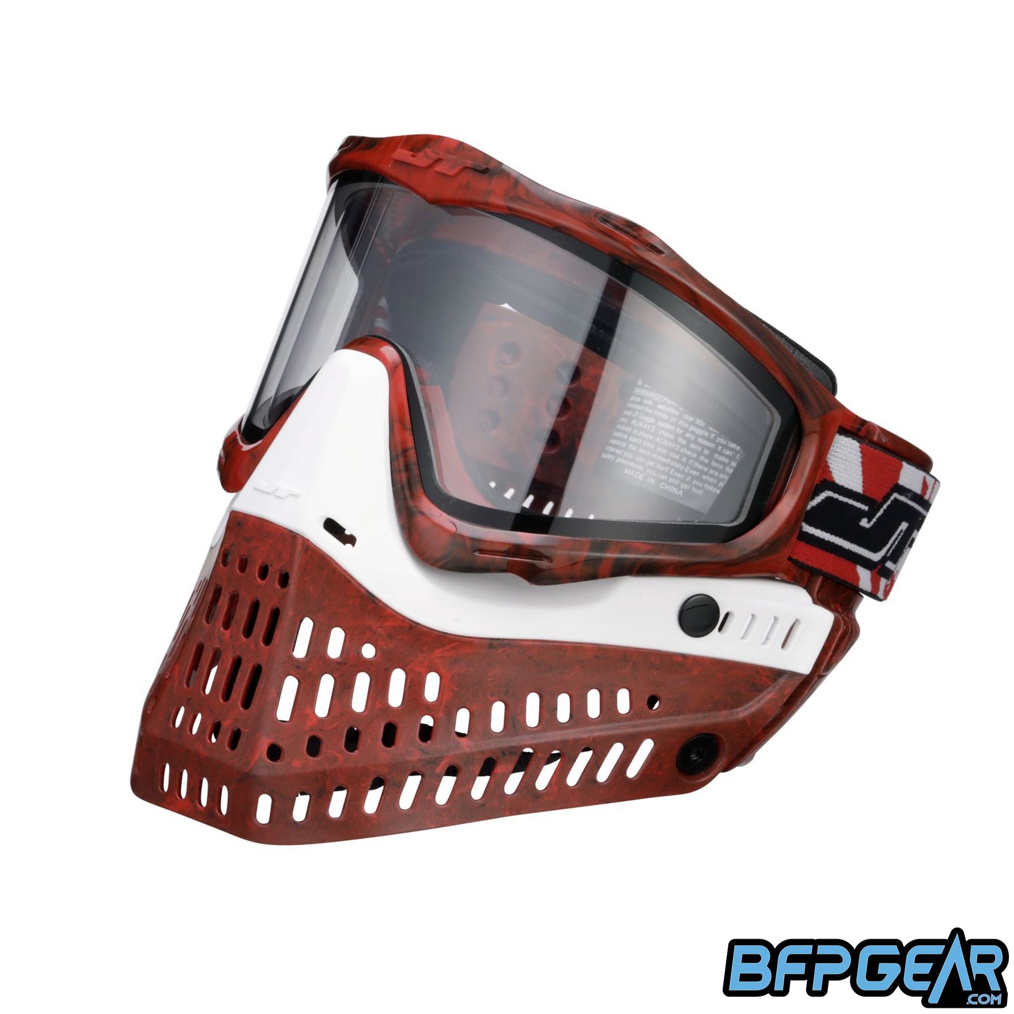 The JT ProFlex Marble Series LE goggle in the marble red variant. This is the away version, featuring a white faceplate with a marble red skirt.