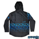 The back of the Neon Dynasty dri-fit hoodie. Instead of the Dynasty logo on the back, it's the BFPGear.com logo thinly outline in light blue. The same JT banana logos are on this side with the same fade pattern.