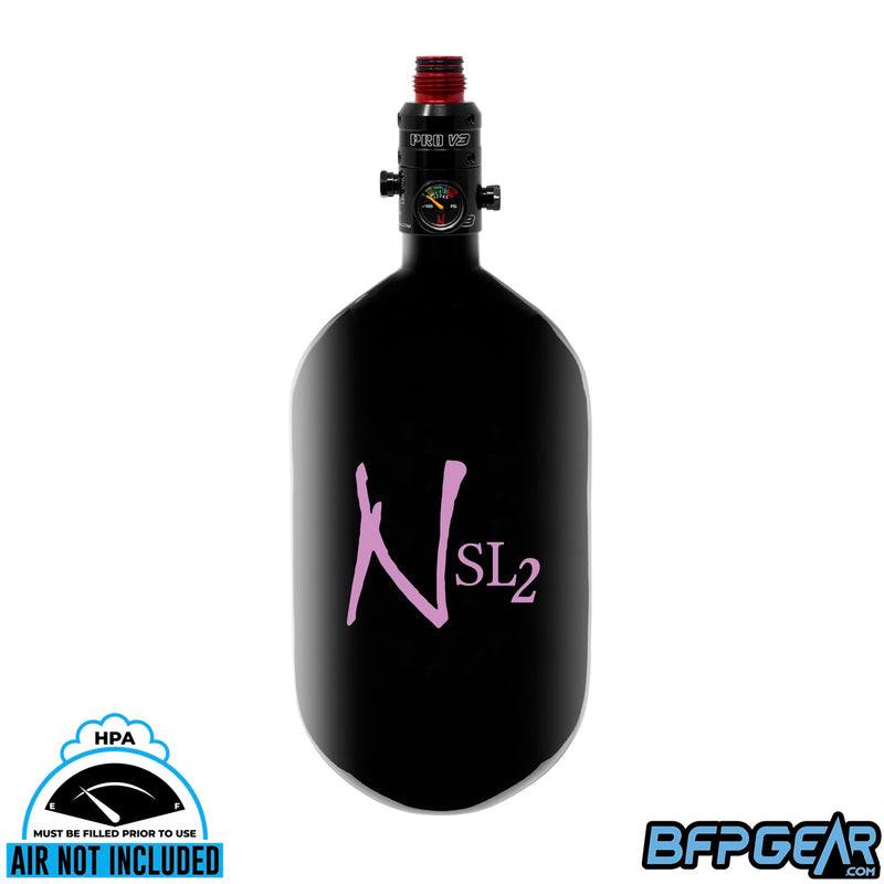 Ninja SL2 68ci air tank in black and pink with PRO V3 regulator, aluminum bonnet.