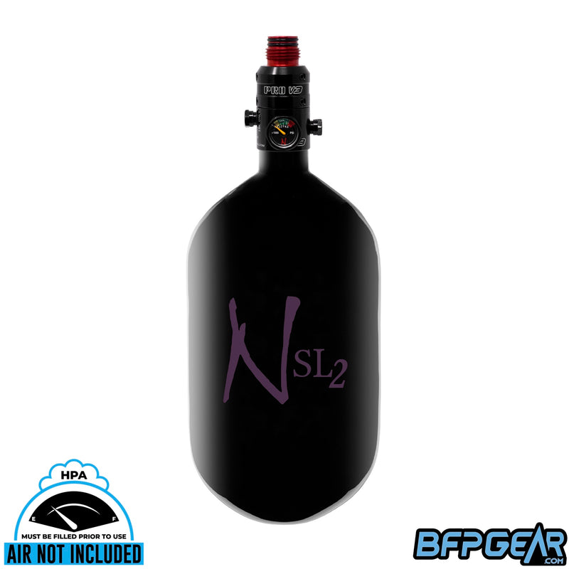 Ninja SL2 68ci air tank in black and purple with PRO V3 regulator, aluminum bonnet.