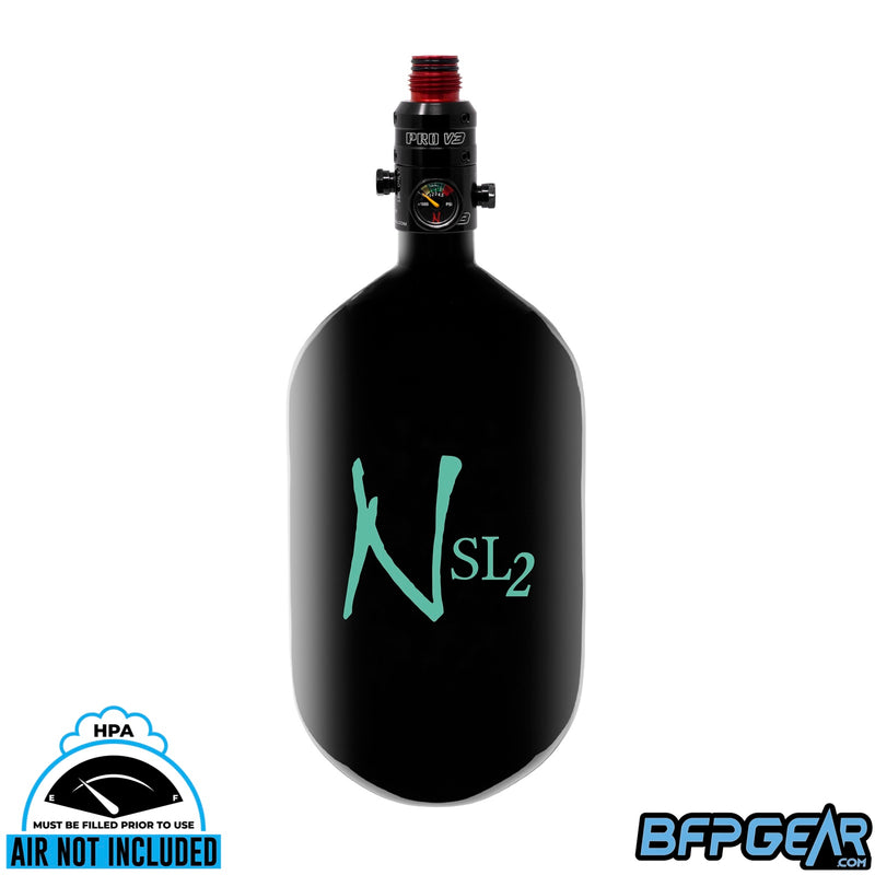 Ninja SL2 68ci air tank in black and teal with PRO V3 regulator, aluminum bonnet.