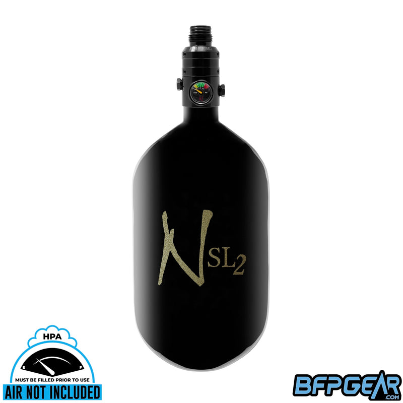 Ninja SL2 68ci air tank in black and metallic gold with PRO V3 regulator, blackout aluminum bonnet.