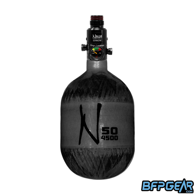 Ninja Paintball 50ci/4500psi air tank in black with the Ultralite regulator installed.