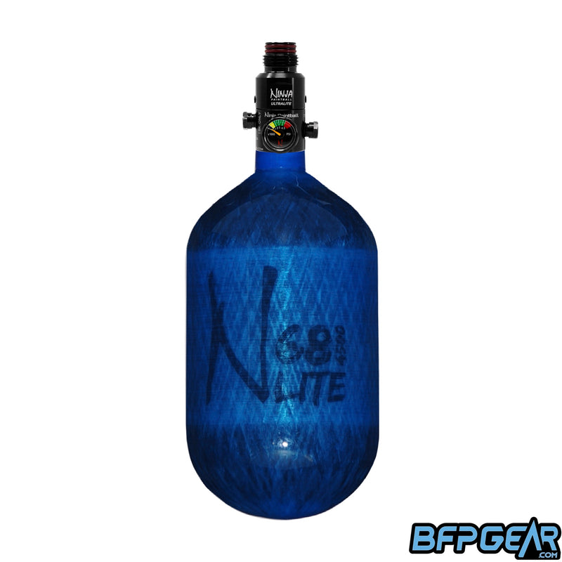 Ninja Paintball 68ci/4500psi air tank in blue with an Ultralite regulator installed.