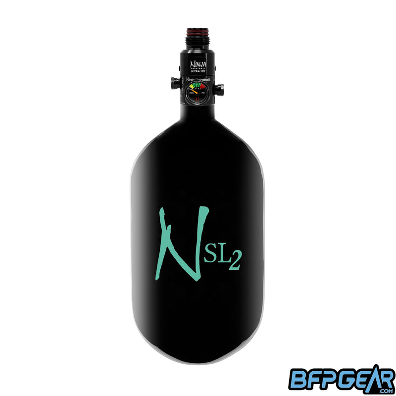 Ninja Paintball SL2 68ci/4500psi air tank in black and teal with an Ultralite regulator installed.
