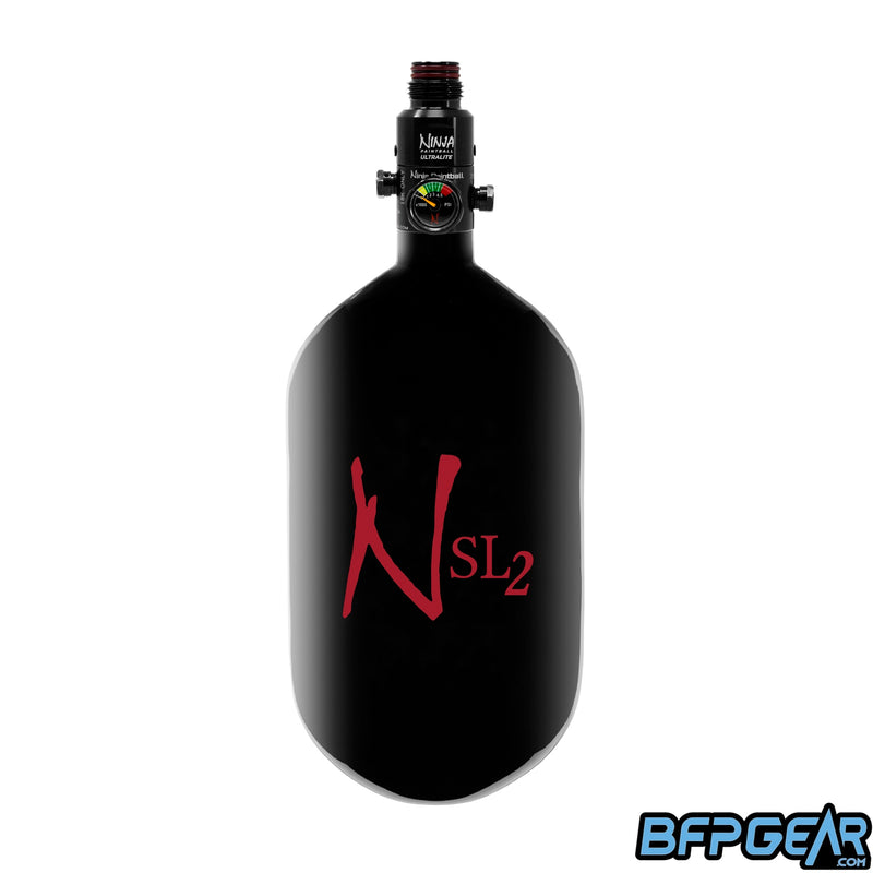 Ninja Paintball SL2 68ci/4500psi air tank in black and red with an Ultralite regulator installed.