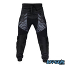 The front of the Planet Eclipse Flyte Pants. Reinforced knee material, thicker waistband with a drawstring, zippered pockets, and stretchy material found in the groin and thigh regions, these pants were built to last.