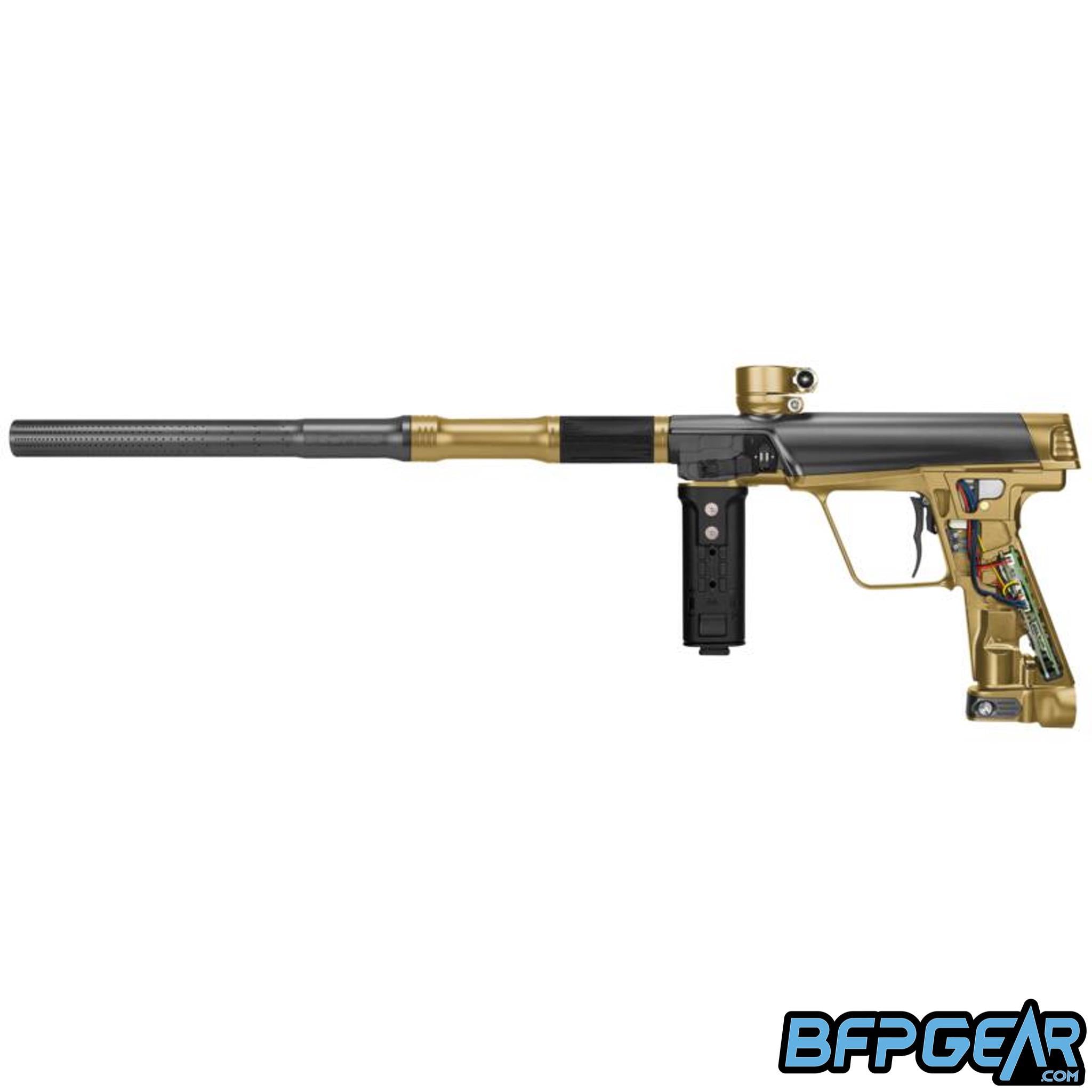 The Planet Eclipse CS3 Pro without the grips. This exposes the electronics found inside, and shows the battery harness.