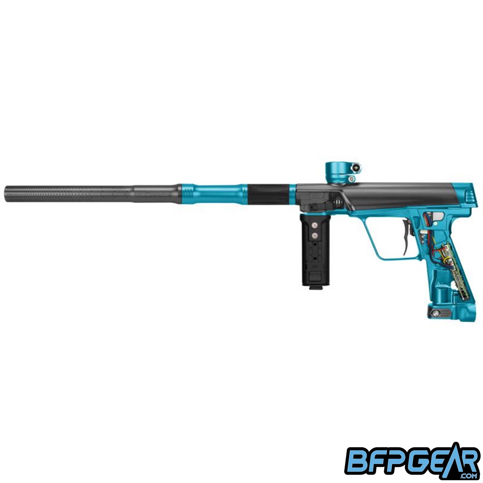 The Planet Eclipse CS3 Pro without the grips. This exposes the electronics found inside, and shows the battery harness.