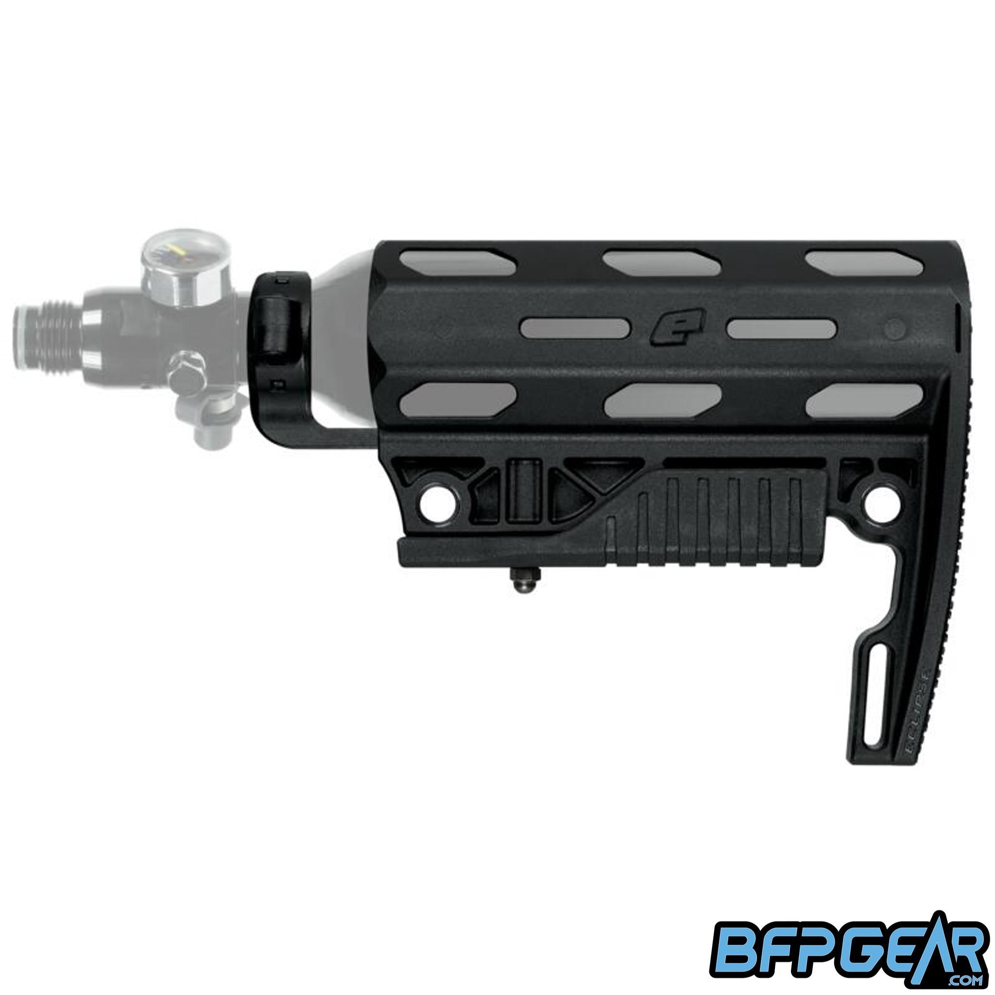 The Planet Eclipse EMC Adjustable Tank Stock. Fits the smaller air tanks and is compatible with the EMF 200 paintball marker.