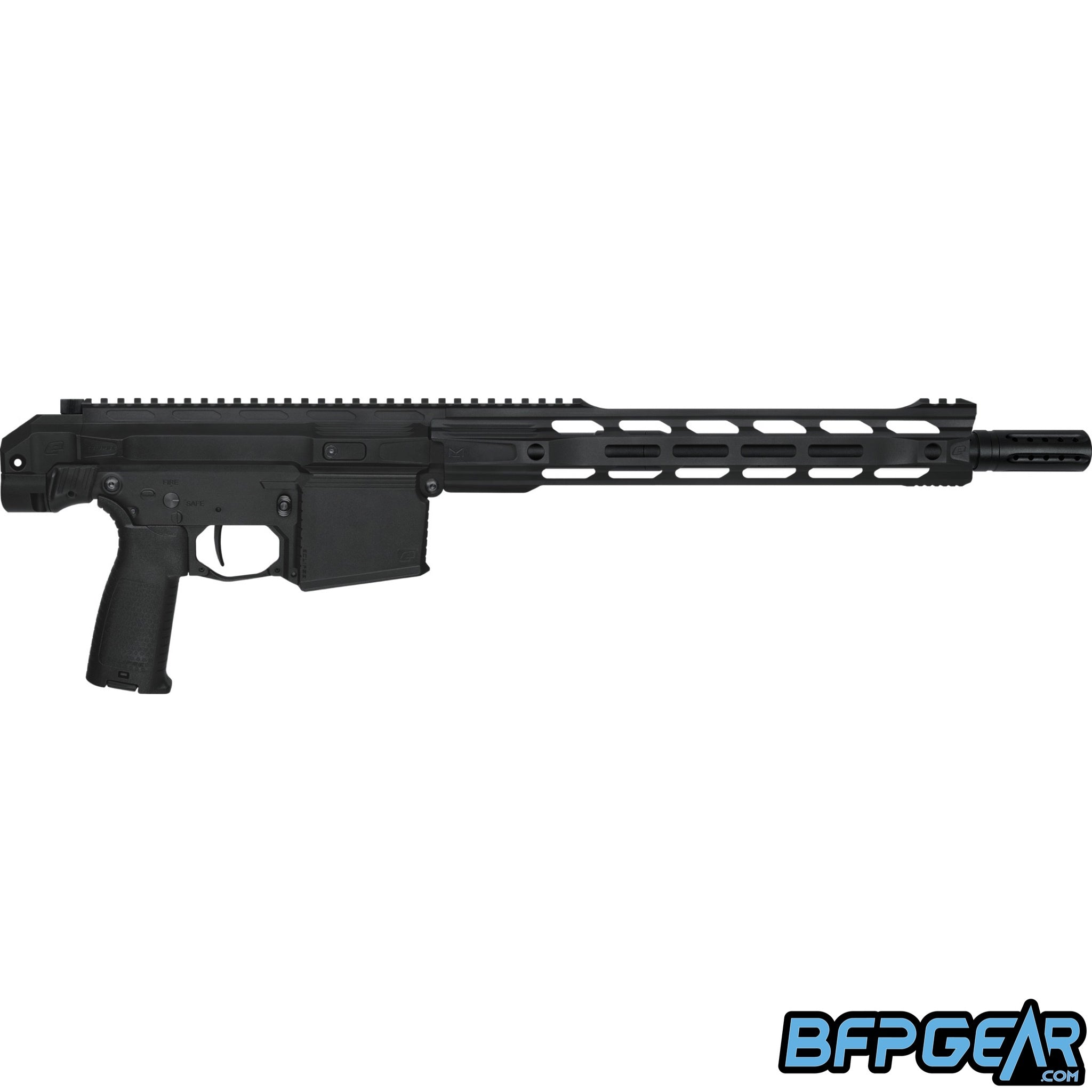 The Planet Eclipse EMF 200 Mag Fed paintball marker. The CF20 Pro magazine is not installed in the EMF 200 and is facing the right. M-Lok barrel shroud allows for attachments to be installed.