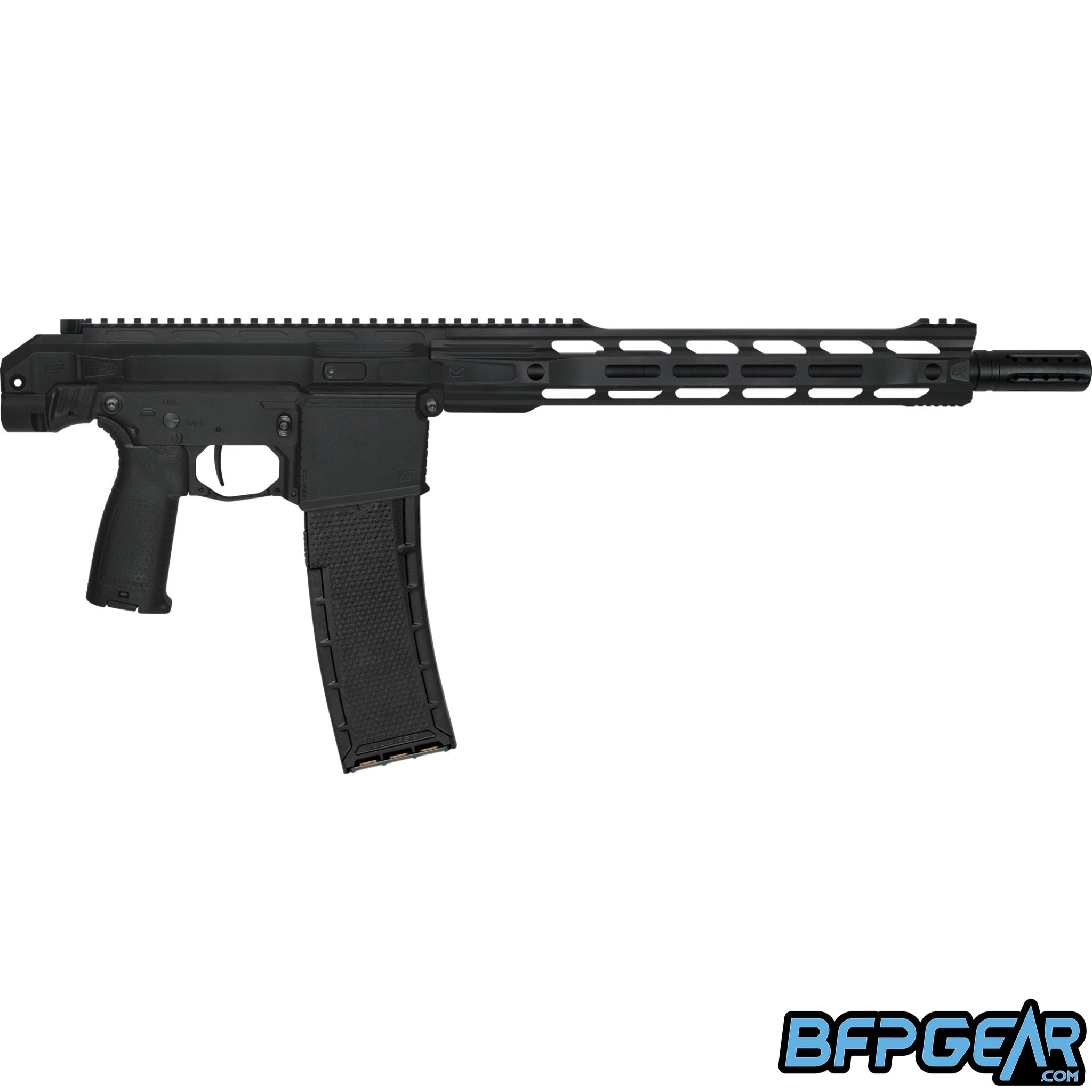 The Planet Eclipse EMF 200 Mag Fed paintball marker. The CF20 Pro magazine is installed in the EMF 200 and is facing the right. M-Lok barrel shroud allows for attachments to be installed.