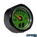 Ultra-lightweight black aluminum PH gauge face, 6000 PSI, compact design, for paintball tank regulators and air systems. Color is green.