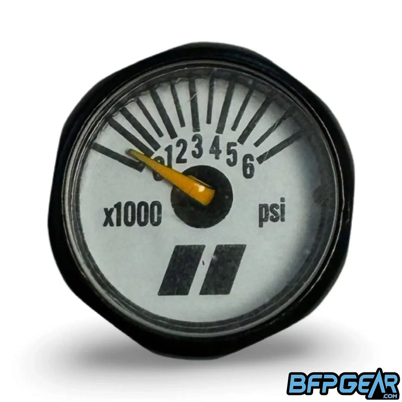 Ultra-lightweight black aluminum PH gauge face, 6000 PSI, compact design, for paintball tank regulators and air systems. Color is white.