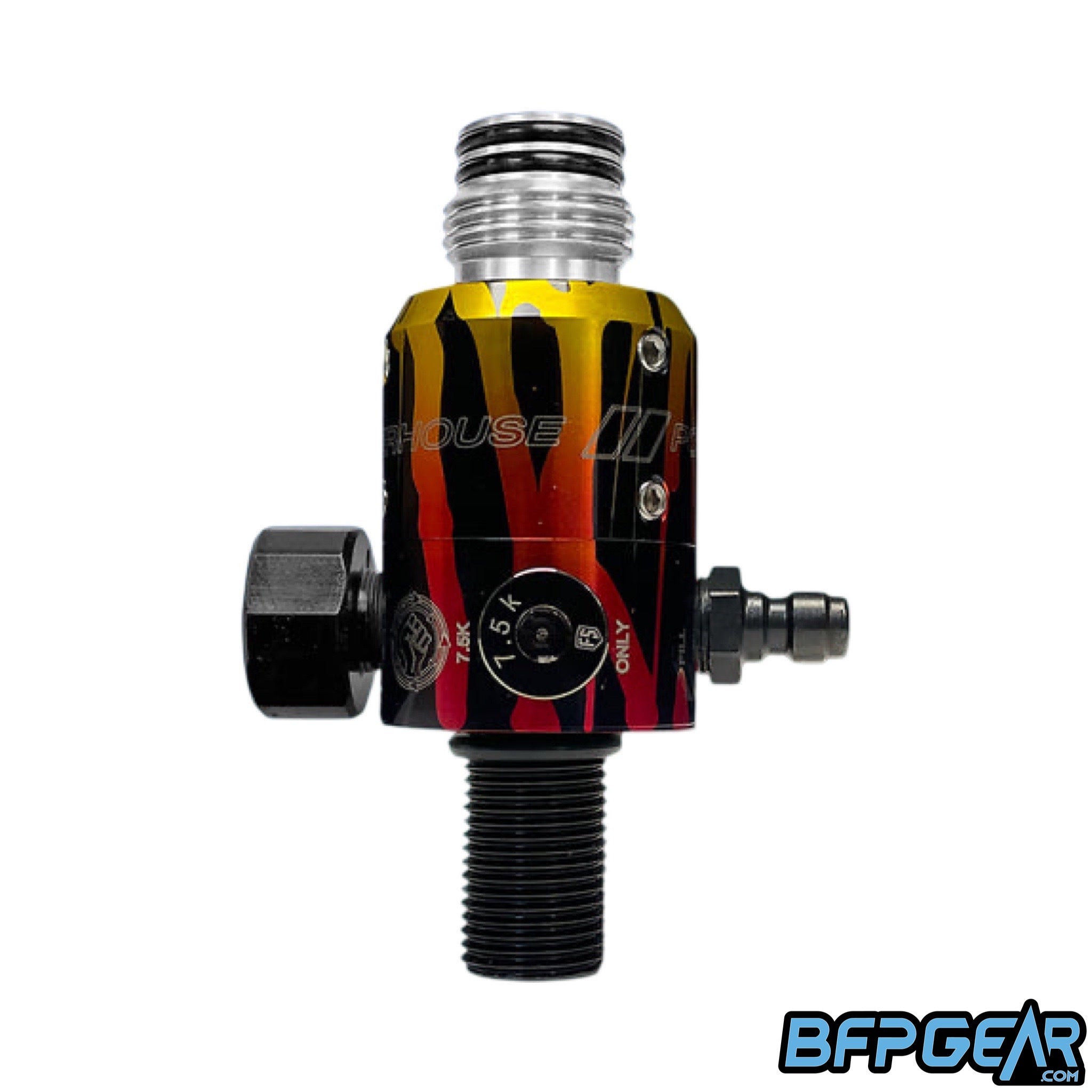 The Powerhouse Counterpunch regulator in the Hot Rod Splash color way. Black, orange, and gold splash anno looks like flames on a car.