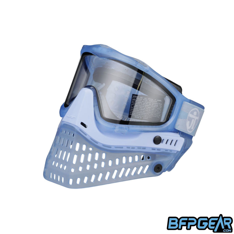 The left facing, angled view of the JT LE ProFlex Birthstone March Aquamarine paintball mask. Highly limited quantities, only one per person.