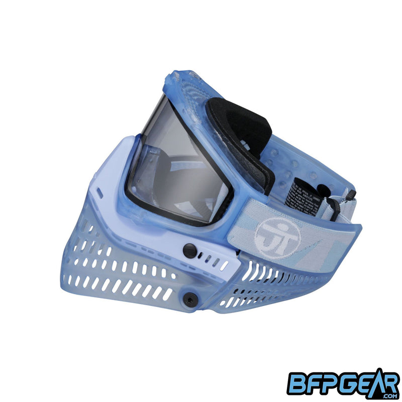 The left facing view of the JT LE ProFlex Birthstone March Aquamarine paintball mask. Highly limited quantities, only one per person!