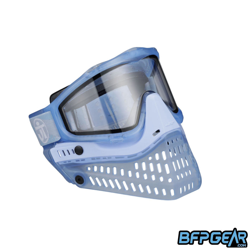 The right, angled facing view of the JT LE ProFlex Birthstone March Aquamarine paintball mask. Highly limited quantities, only one per person.