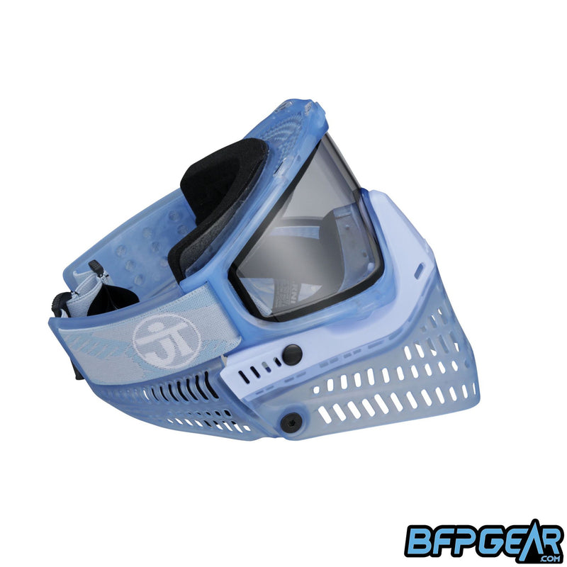 The right facing view of the JT LE ProFlex Birthstone March Aquamarine paintball mask. Highly limited quantities, only one per person.