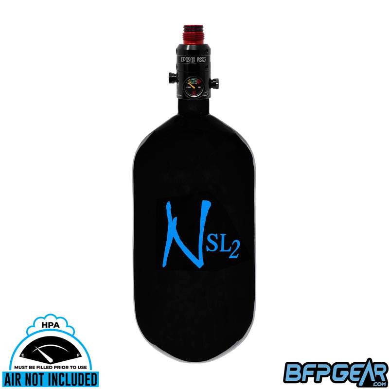 The Ninja SL2 77ci air tank in black and blue with the Pro V3 regulator. The regulator bonnet is aluminum.