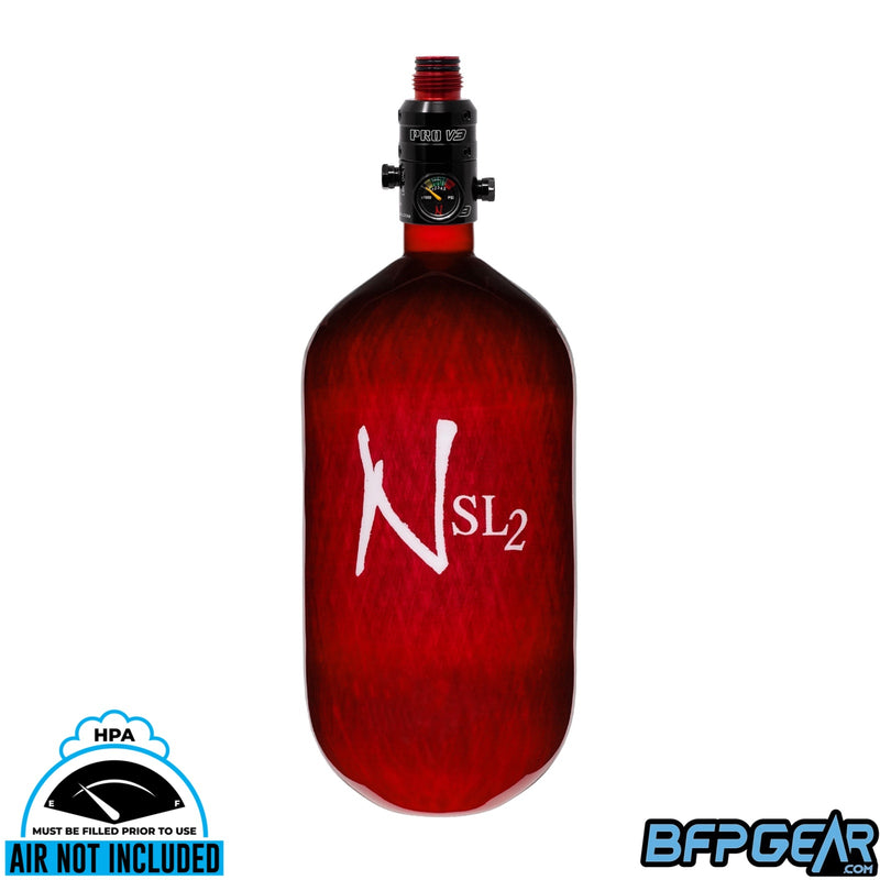 The Ninja SL2 77ci air tank in red and white with the Pro V3 regulator. The regulator bonnet is aluminum.