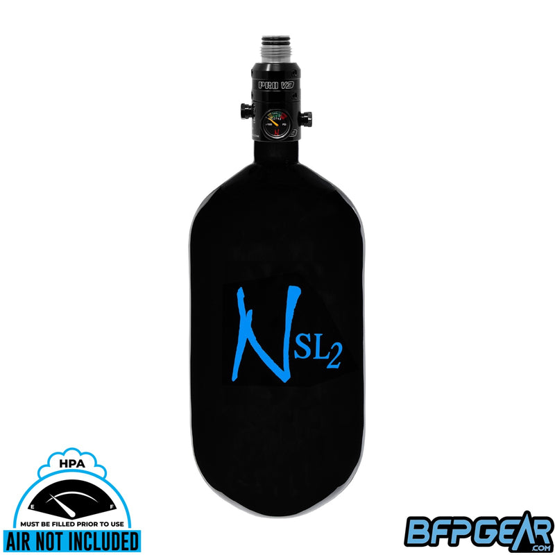 The Ninja SL2 77ci air tank in black and blue with the Pro V3 regulator. The regulator bonnet is stainless steel.