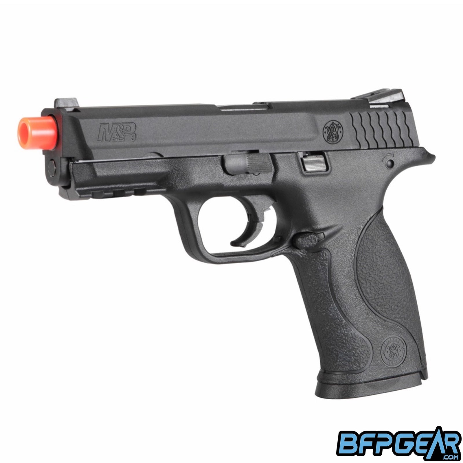 An angled view of the Smith and Wesson M&P9 GBB airsoft pistol