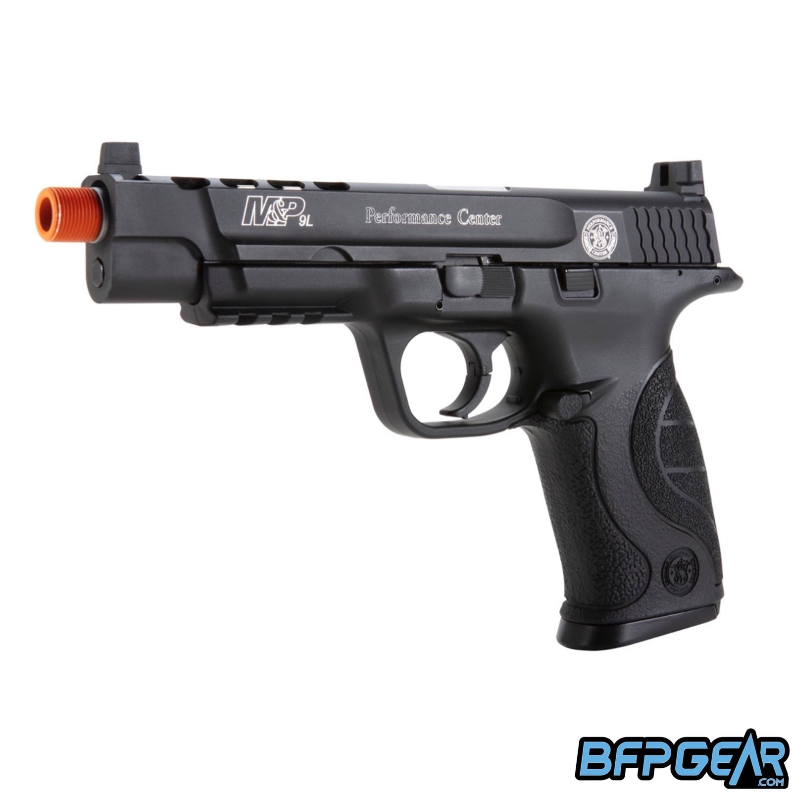 Angled view of the Smith and Wesson M&P9L performance airsoft pistol.