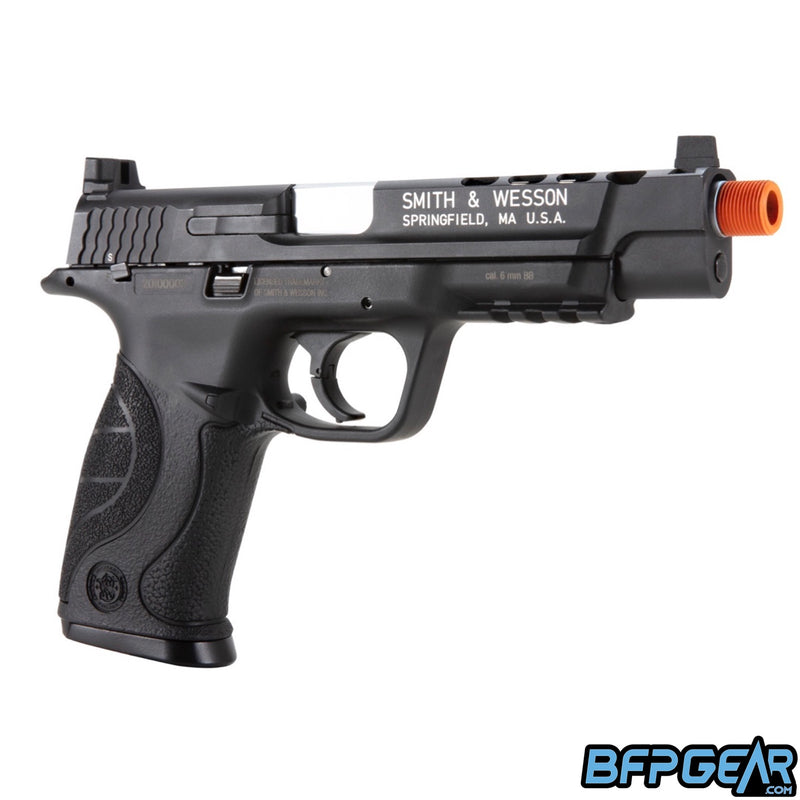 Angled view of the Smith and Wesson M&P9L performance airsoft pistol. The barrel tip is threaded to take mock suppressors and other attachments.