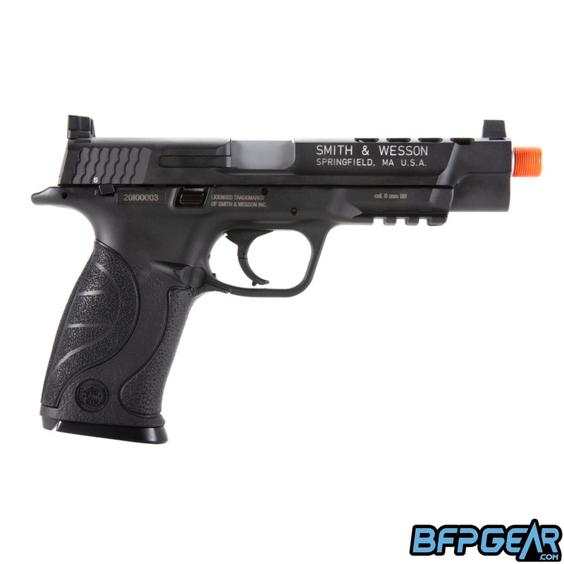 The opposite side of the Smith and Wesson M&P9L performance airsoft pistol. Engraved on the slide is "SMITH AND WESSON"
