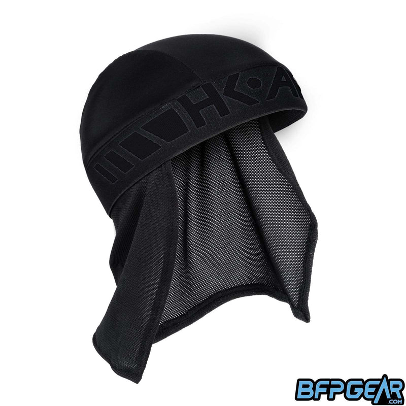 An angled shot of the Stealth Skull Wrap. Black HK ARMY logo is stitched into the black elastic band.