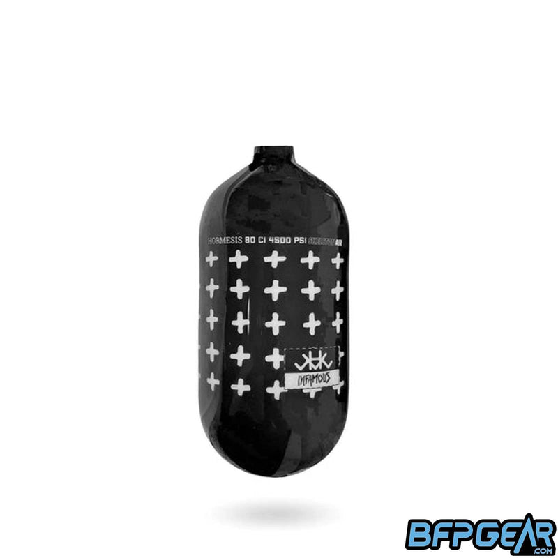 The Hormesis Series Infamous 80ci air tank. Black bottle with the signature white crux pattern all over, this tank has been given the moniker 'The Hannibal.' 