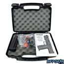 The packaging of the Tippmann TipX pistol. Hard plastic carrying case with foam in the top and bottom to secure the TipX in place. Included are spare parts, barrel plug, extra magazine, Allen keys, and a user manual.