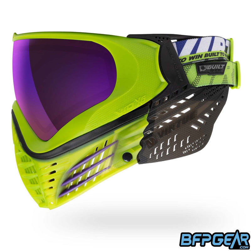 A custom color way of the Vio X6 Acid Black goggle system. Lime green faceplate with purple accents and smoke soft ears.