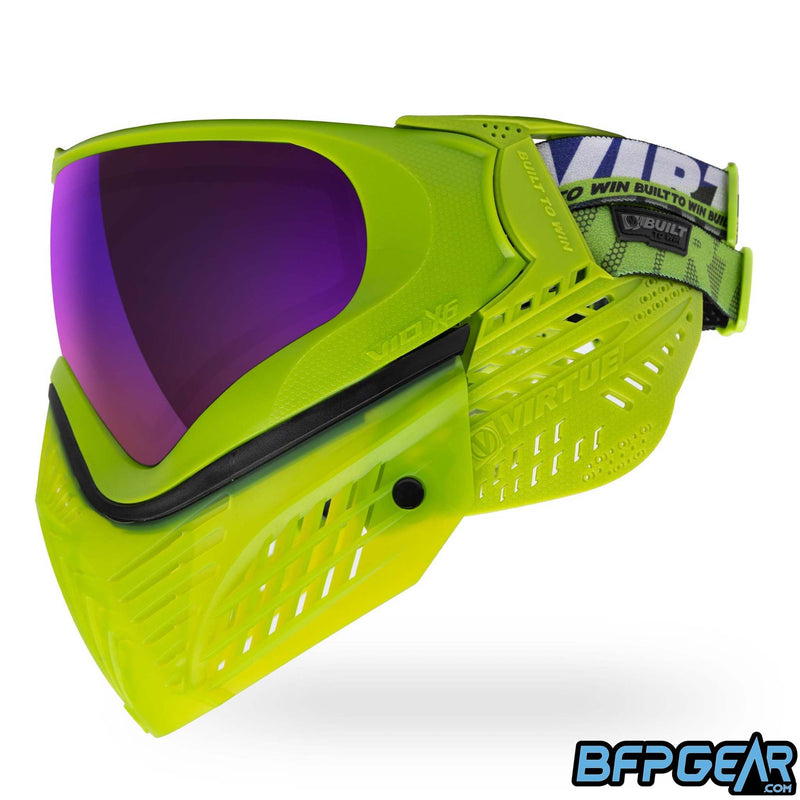 A custom color way of the Vio X6 Acid Black goggle system. Lime green extended faceplate and lime green soft ears.