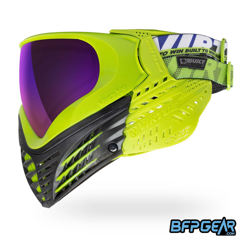 A custom color way of the Vio X6 Acid Black goggle system. Black faceplate with lime green accents and lime green soft ears.